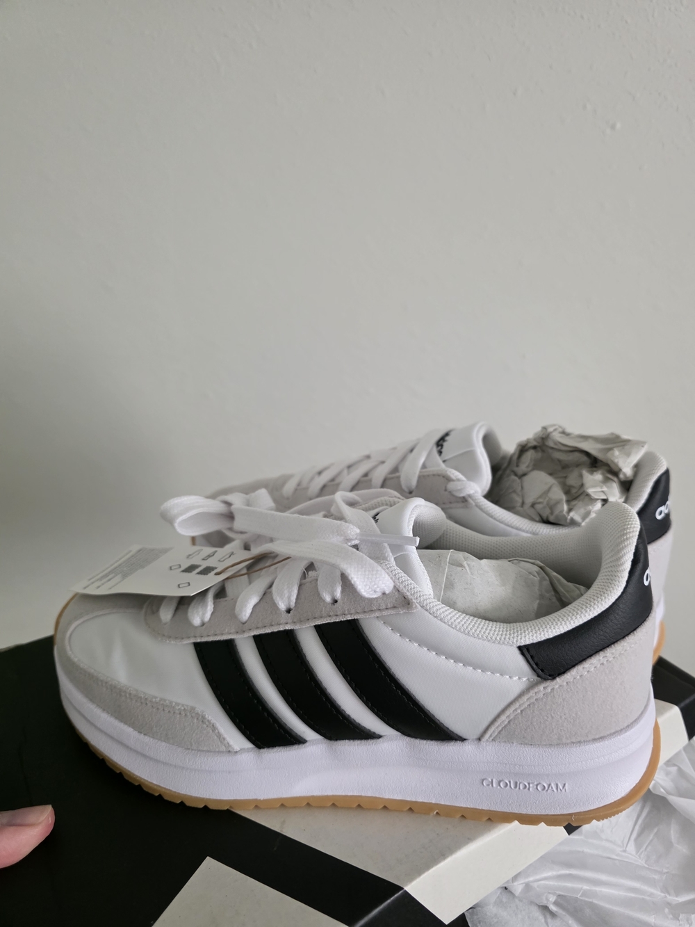 NEW - Adidas Kids White Sneakers with Black Stripes and Gum Outsole